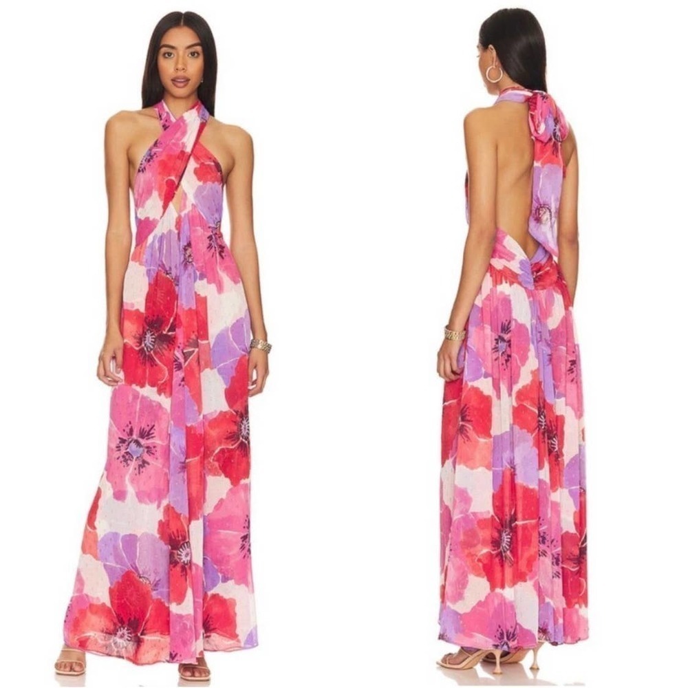 MISA Los Angeles Alexandra Floral & Metallic Halterneck Dress Pink Size L NWOT